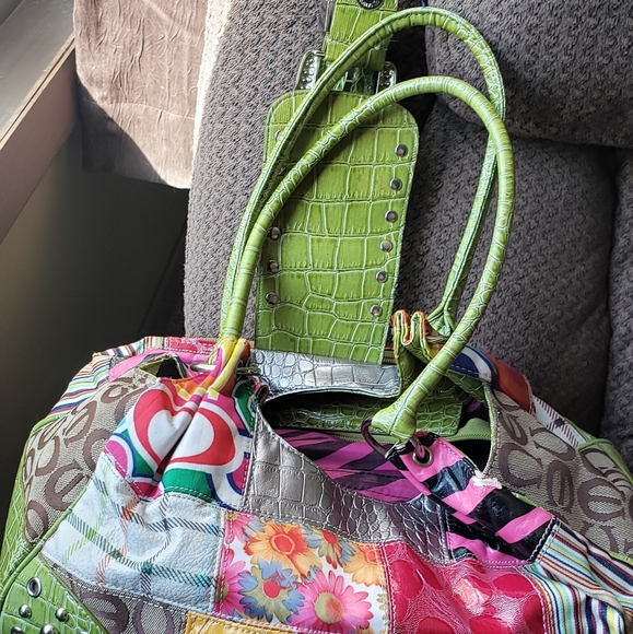 Patchwork multi texture Lime green pink leopard great condition handbag - Picture 7 of 15